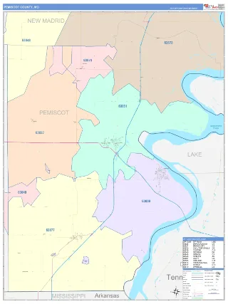 Pemiscot County, MO ColorCast style ZIP Code wall map