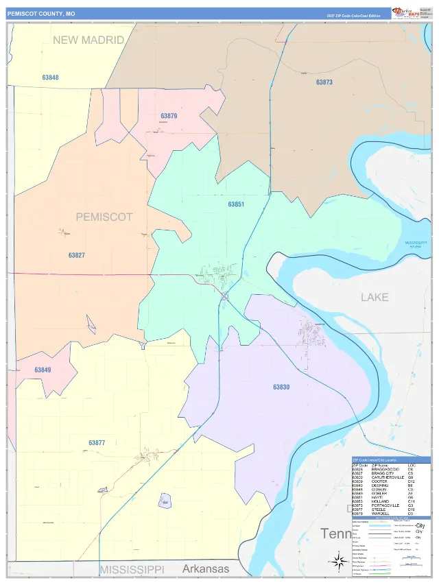 Pemiscot County, MO ZIP Code Wall Map, ColorCast style