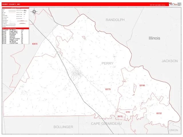 Perry County, MO ZIP Code Wall Map, RedLine style
