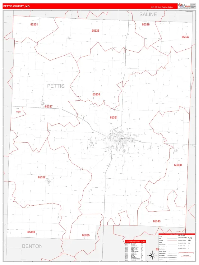 Pettis County, MO ZIP Code Wall Map, RedLine style