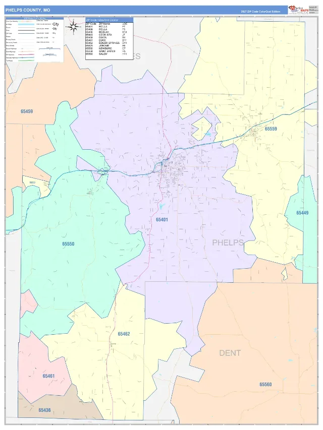 Phelps County, MO ZIP Code Wall Map, ColorCast style