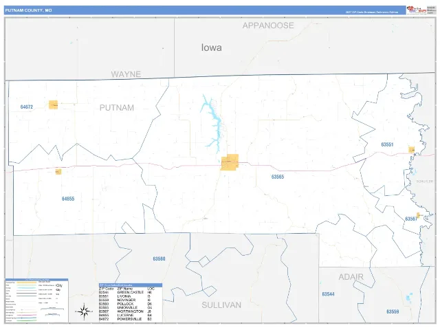 Putnam County, MO ZIP Code Wall Map, Business Reference style