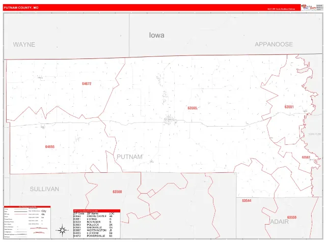 Putnam County, MO ZIP Code Wall Map, RedLine style