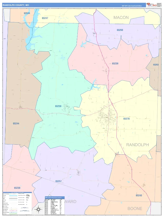 Randolph County, MO ZIP Code Wall Map, ColorCast style