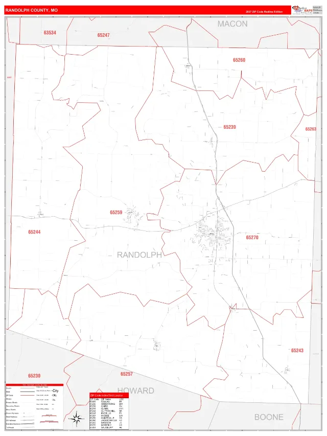 Randolph County, MO ZIP Code Wall Map, RedLine style
