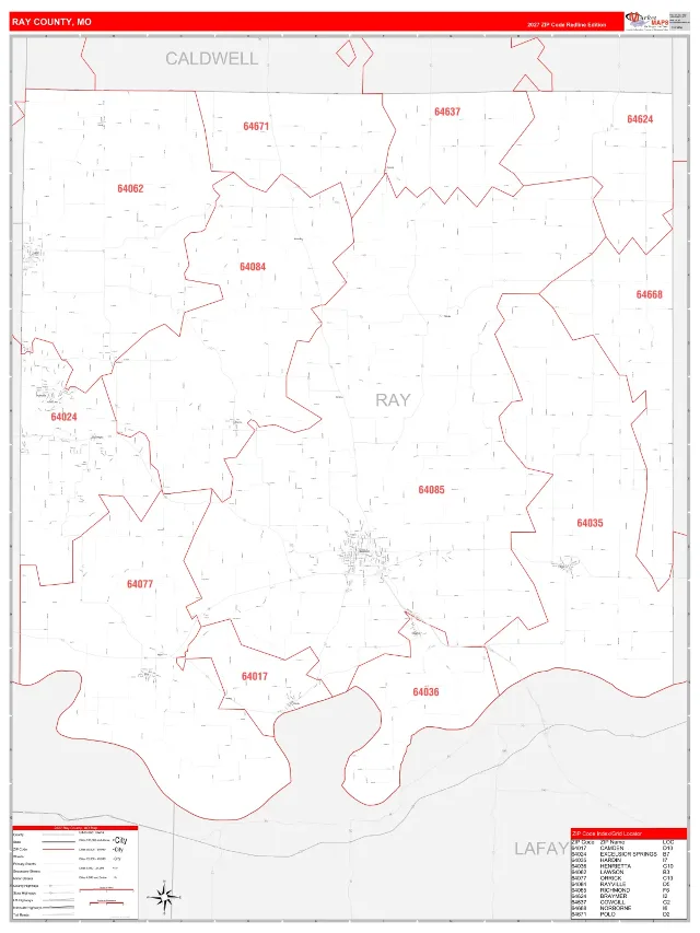 Ray County, MO ZIP Code Wall Map, RedLine style