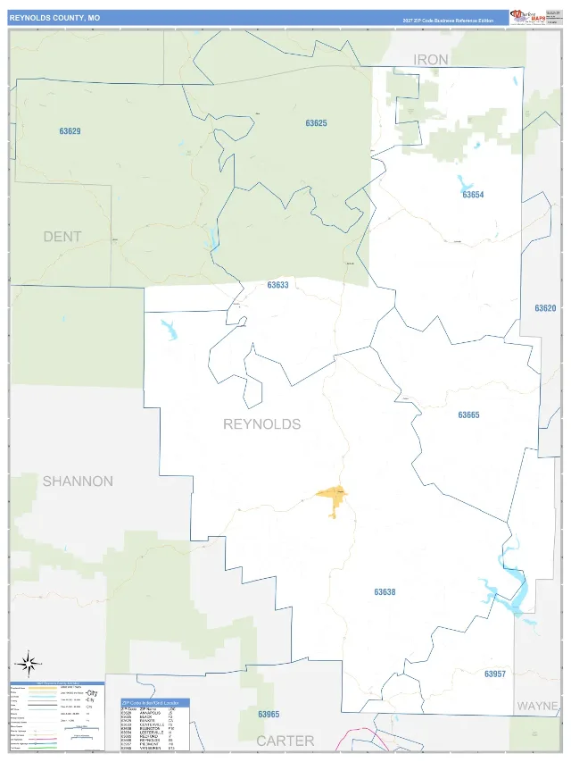 Reynolds County, MO ZIP Code Wall Map, Business Reference style
