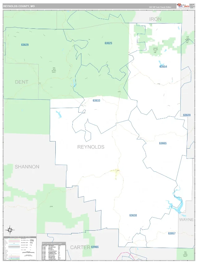 Reynolds County, MO ZIP Code Wall Map, Classic style