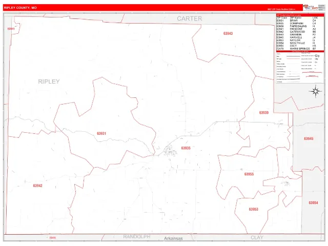 Ripley County, MO ZIP Code Wall Map, RedLine style
