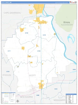 Scott County, MO Business Reference style ZIP Code wall map