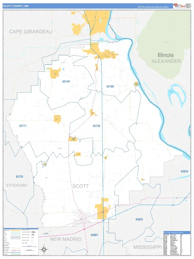 Scott County, MO ZIP Code Wall Map, Business Reference style