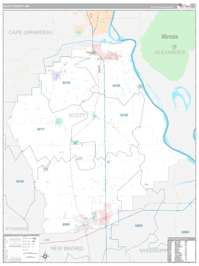 Scott County, MO ZIP Code Wall Map, Classic style