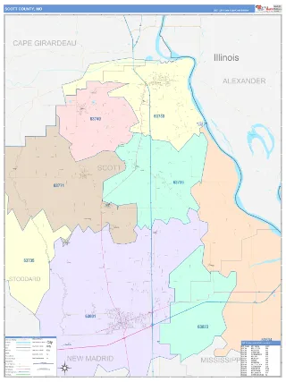 Scott County, MO ColorCast style ZIP Code wall map