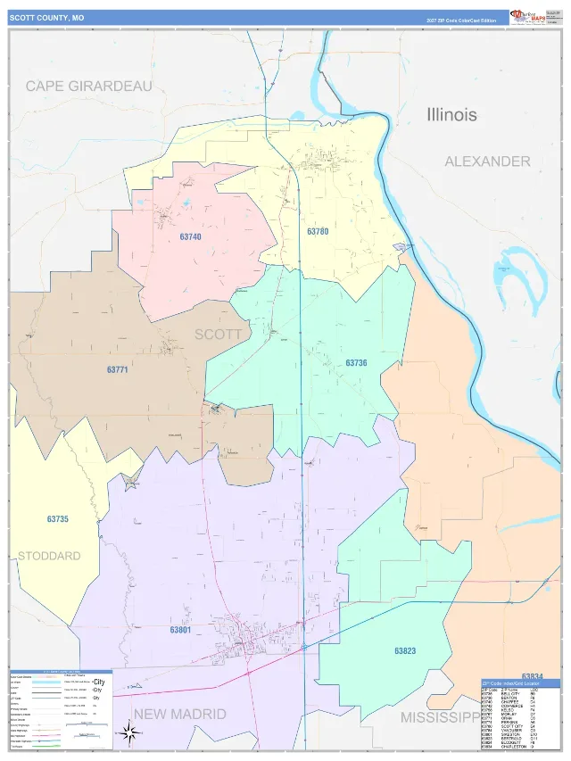 Scott County, MO ZIP Code Wall Map, ColorCast style