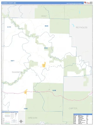 Shannon County, MO Business Reference style ZIP Code wall map