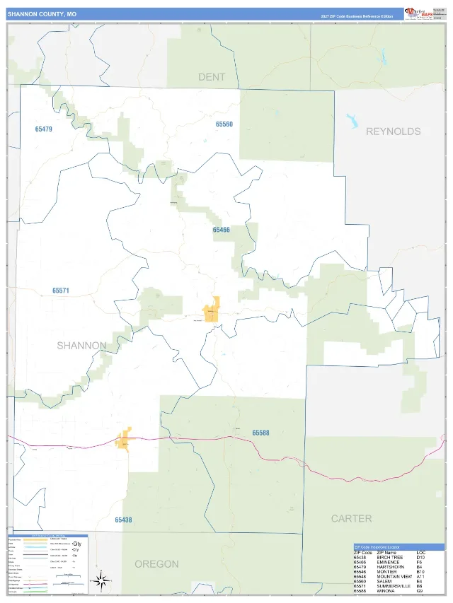 Shannon County, MO ZIP Code Wall Map, Business Reference style