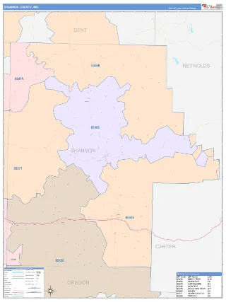 Shannon County, MO ColorCast style ZIP Code wall map