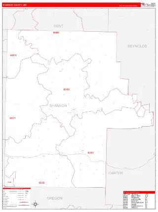 Shannon County, MO RedLine style ZIP Code wall map