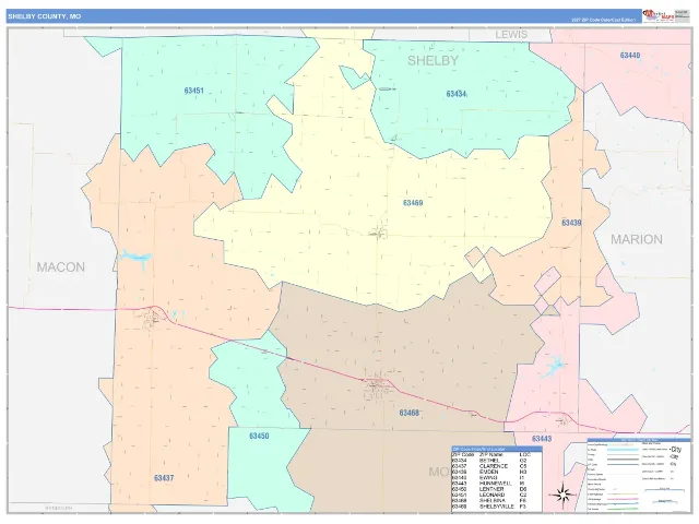 Shelby County, MO ZIP Code Wall Map, ColorCast style