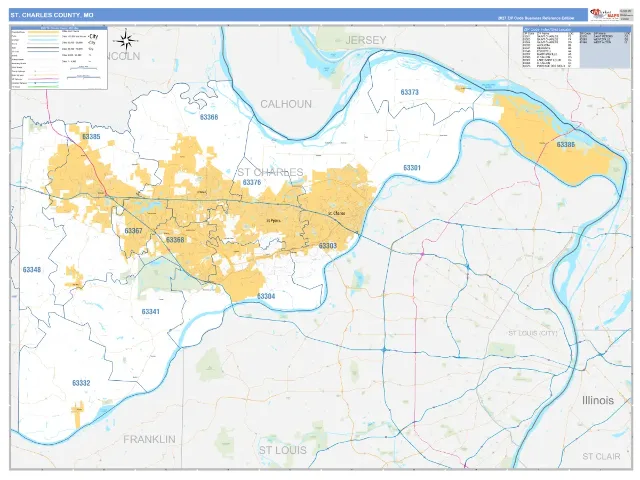 St. Charles County, MO ZIP Code Wall Map, Business Reference style