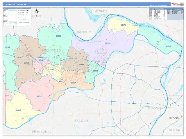 St. Charles County, MO ZIP Code Wall Map, ColorCast style