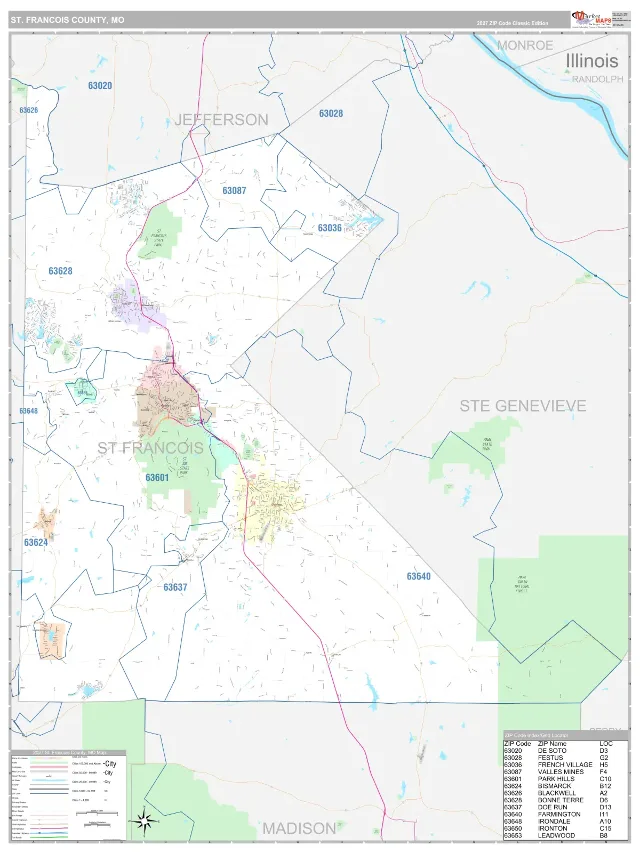 St. Francois County, MO ZIP Code Wall Map, Classic style