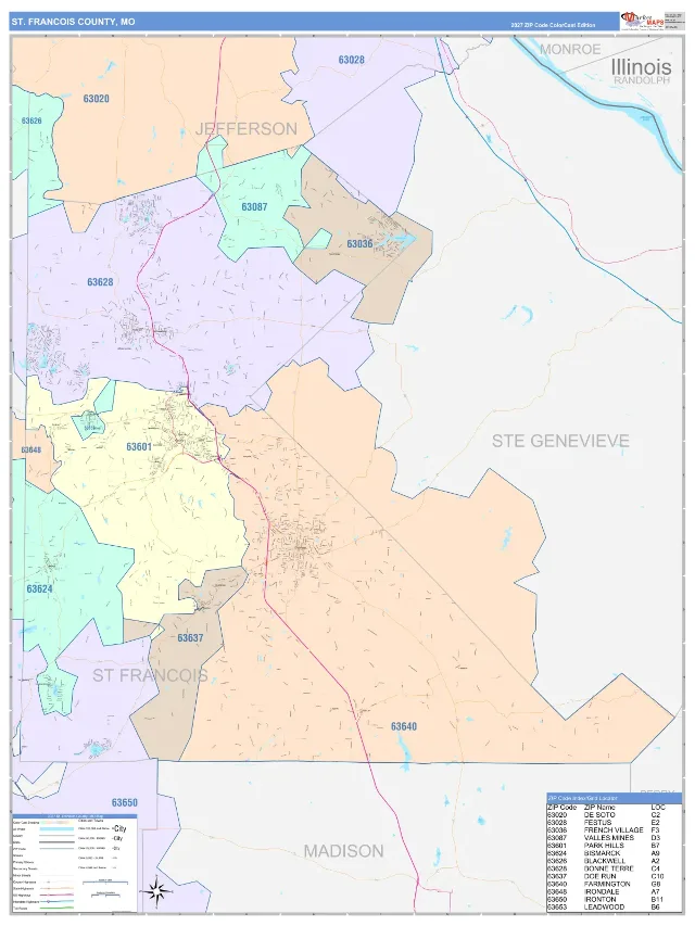 St. Francois County, MO ZIP Code Wall Map, ColorCast style