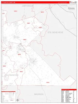 St. Francois County, MO RedLine style ZIP Code wall map