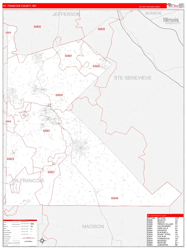 St. Francois County, MO ZIP Code Wall Map, RedLine style