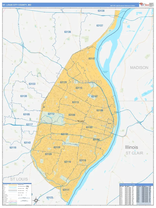 St. Louis City County, MO ZIP Code Wall Map, Business Reference style