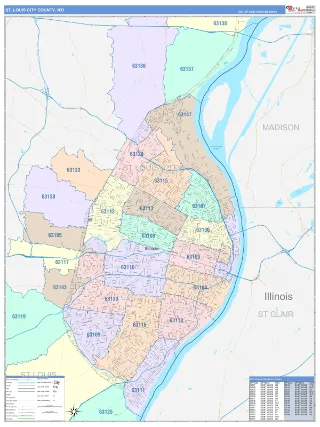 St. Louis City County, MO ColorCast style ZIP Code wall map