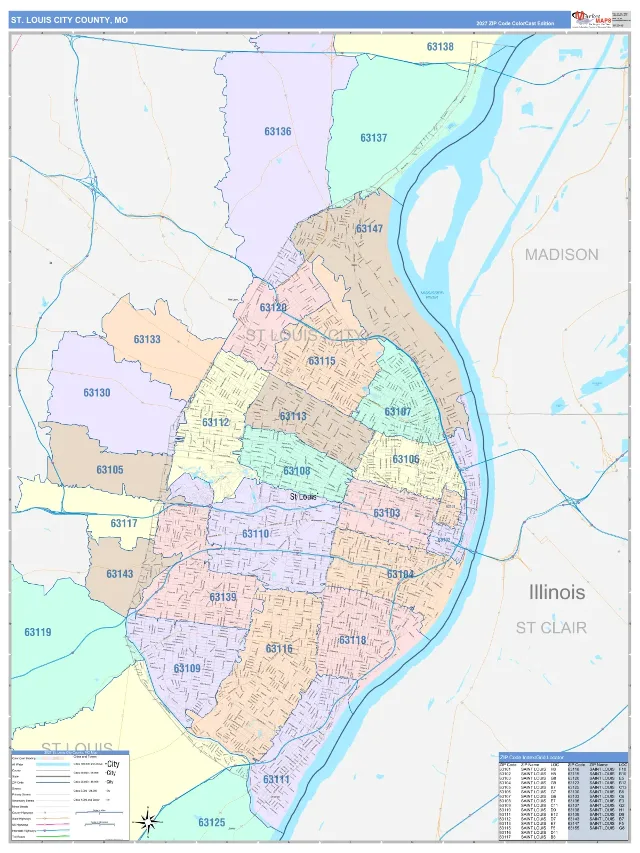 St. Louis City County, MO ZIP Code Wall Map, ColorCast style