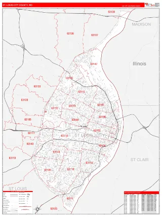 St. Louis City County, MO RedLine style ZIP Code wall map