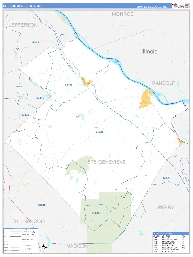 Ste. Genevieve County, MO ZIP Code Wall Map, Business Reference style