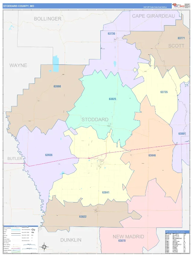 Stoddard County, MO ZIP Code Wall Map, ColorCast style