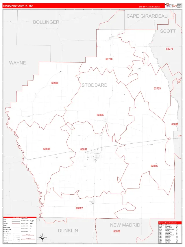 Stoddard County, MO ZIP Code Wall Map, RedLine style