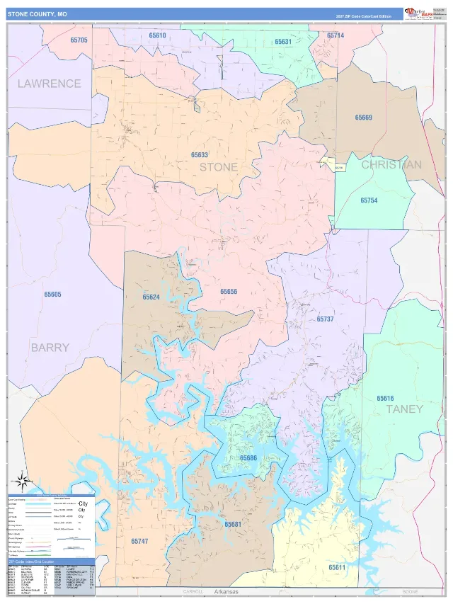 Stone County, MO ZIP Code Wall Map, ColorCast style