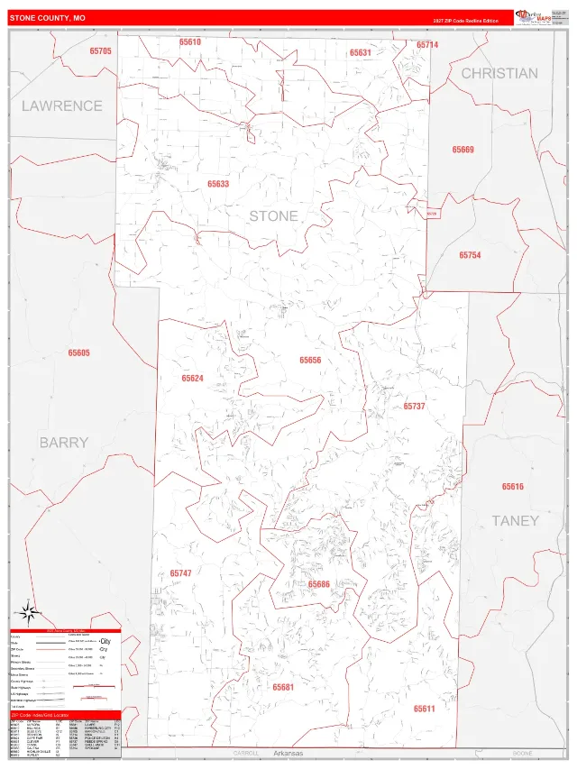 Stone County, MO ZIP Code Wall Map, RedLine style