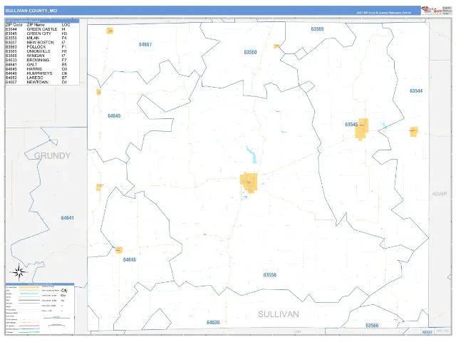 Sullivan County, MO ZIP Code Wall Map, Business Reference style
