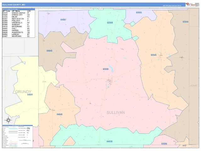 Sullivan County, MO ZIP Code Wall Map, ColorCast style