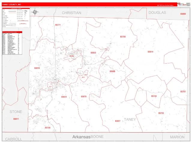 Taney County, MO ZIP Code Wall Map, RedLine style