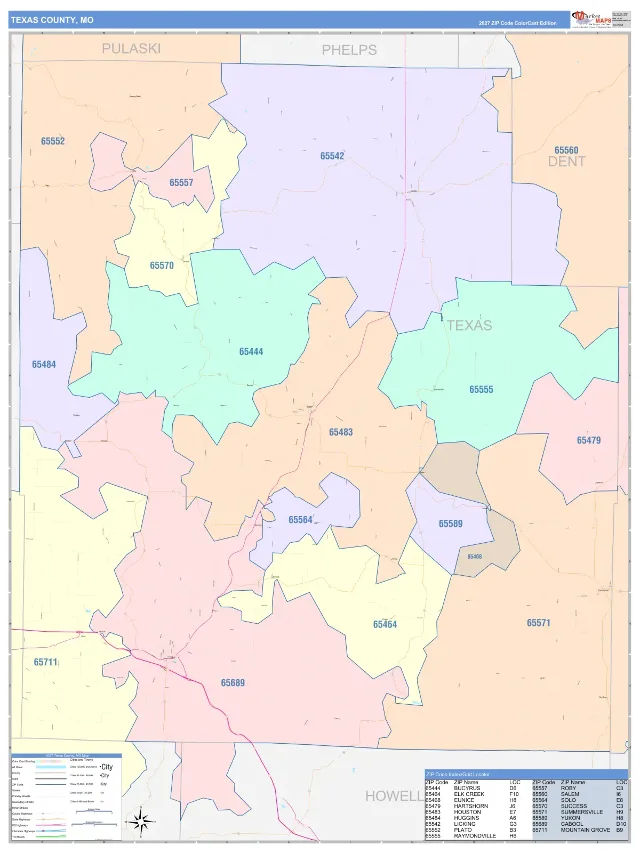 Texas County, MO ZIP Code Wall Map, ColorCast style