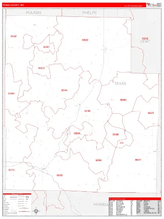 Texas County, MO RedLine style ZIP Code wall map