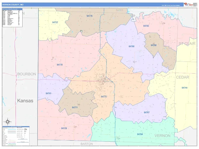 Vernon County, MO ZIP Code Wall Map, ColorCast style