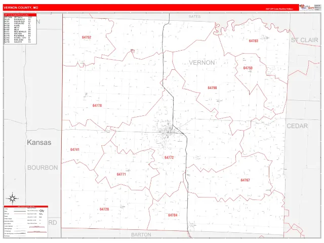 Vernon County, MO ZIP Code Wall Map, RedLine style