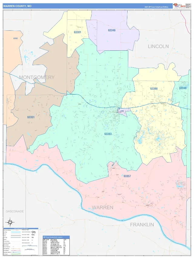 Warren County, MO ZIP Code Wall Map, ColorCast style
