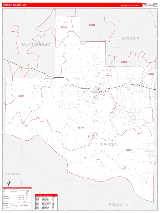 Warren County, MO ZIP Code Wall Map, RedLine style