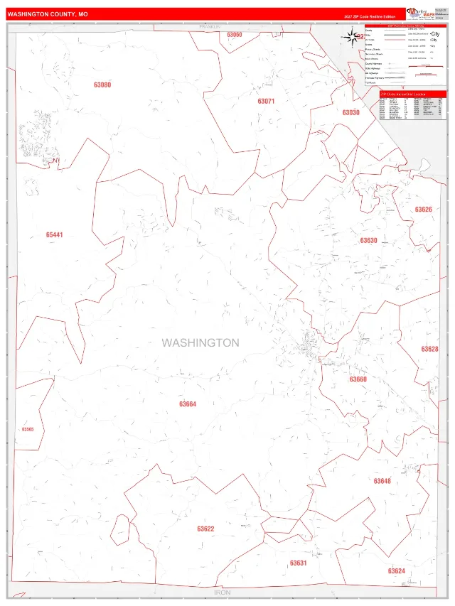 Washington County, MO ZIP Code Wall Map, RedLine style