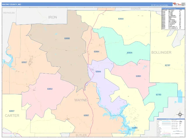 Wayne County, MO ZIP Code Wall Map, ColorCast style