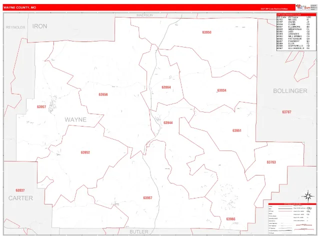 Wayne County, MO ZIP Code Wall Map, RedLine style